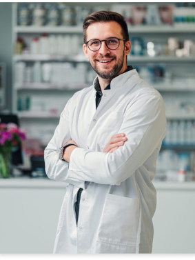 A pharmacy expert is standing in the drug store and smiling at the camera